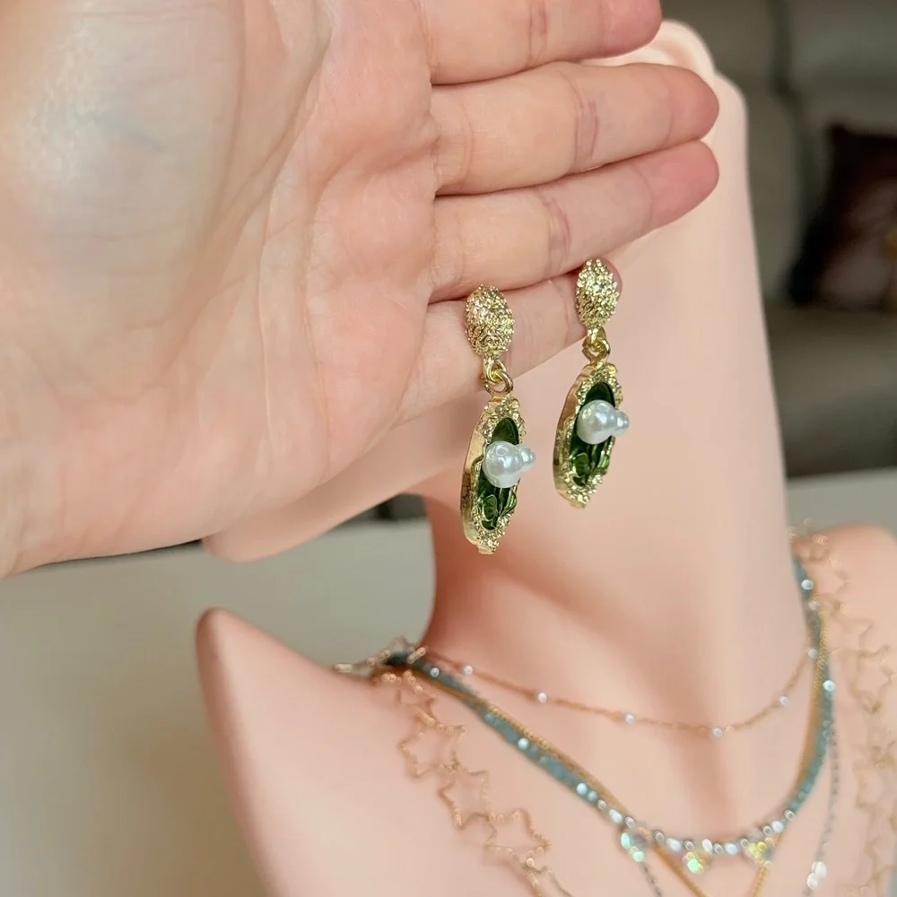 Gold-Tone Green Floral Pearl Drop Earrings